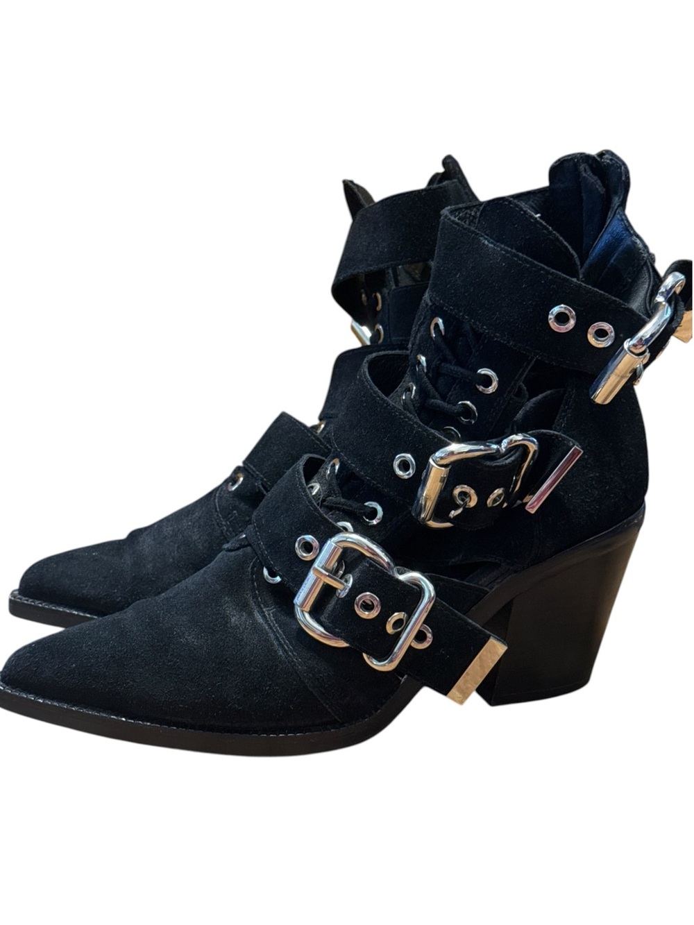 Jeffrey Campbell Caceres Black Oiled Suede Cutout Buckle Booties Heeled Punk